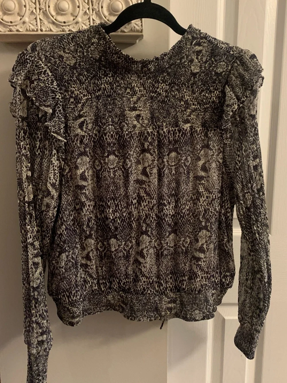 Free People Roma Smocked Blouse Neutral Snake Print Mock Neck Semi Sheer - M